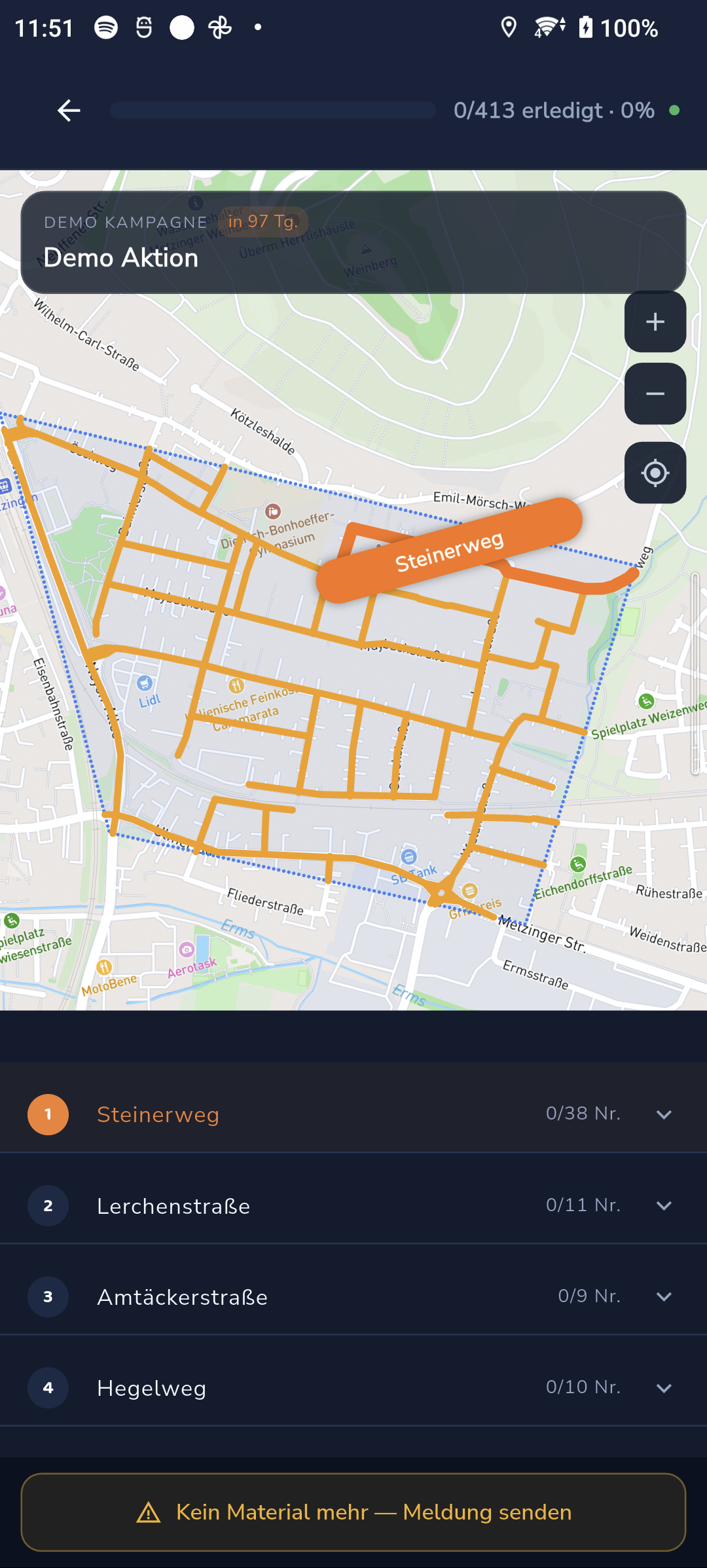 Flyergebiet mit Straßenabschnitten in der AreaGo App