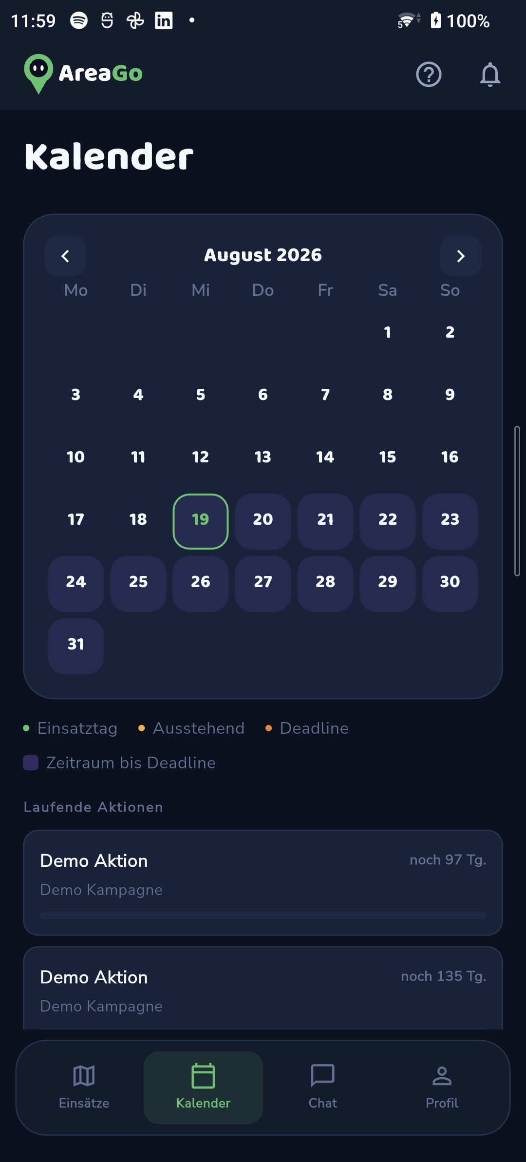 Kalender mit anstehenden Einsätzen in der AreaGo App