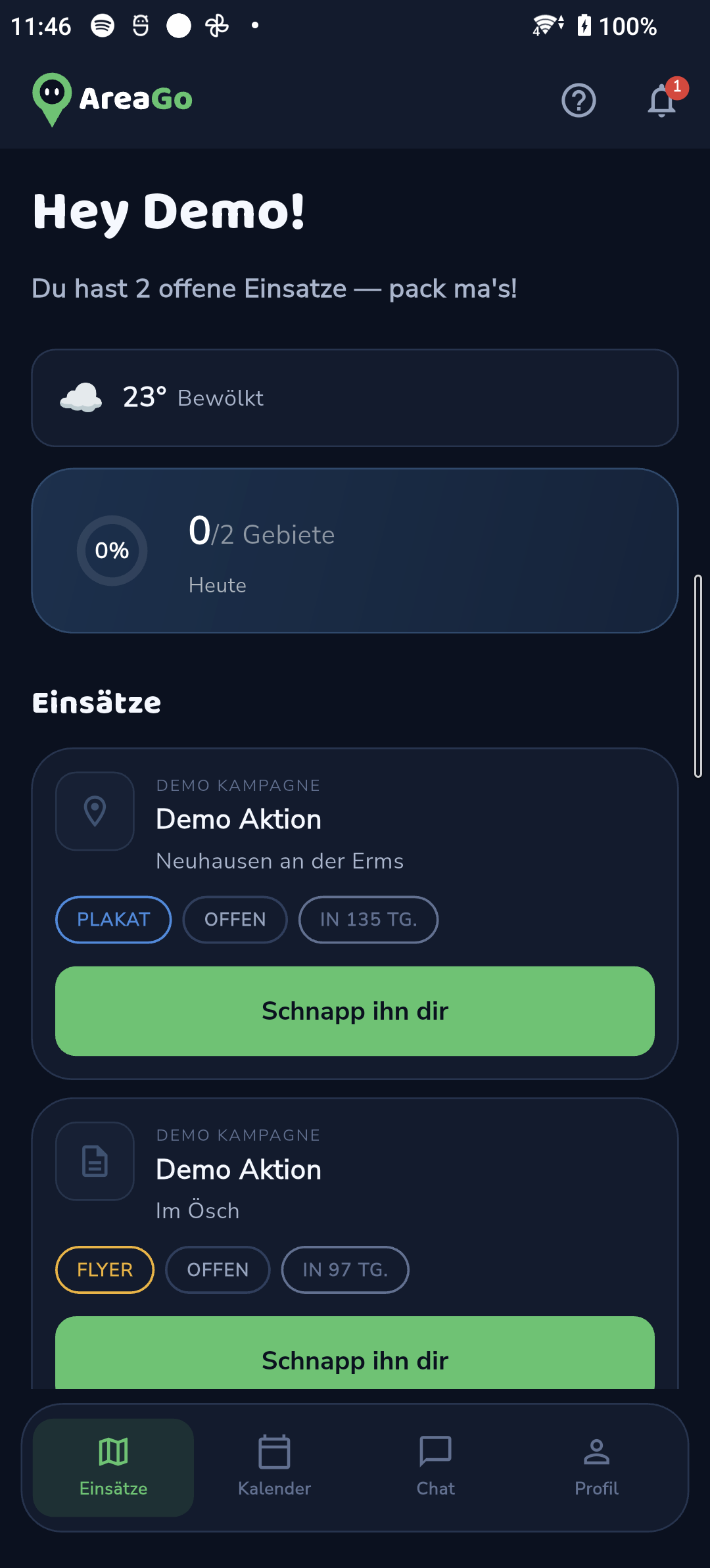 Startseite der AreaGo App mit Wetter und offenen Einsätzen